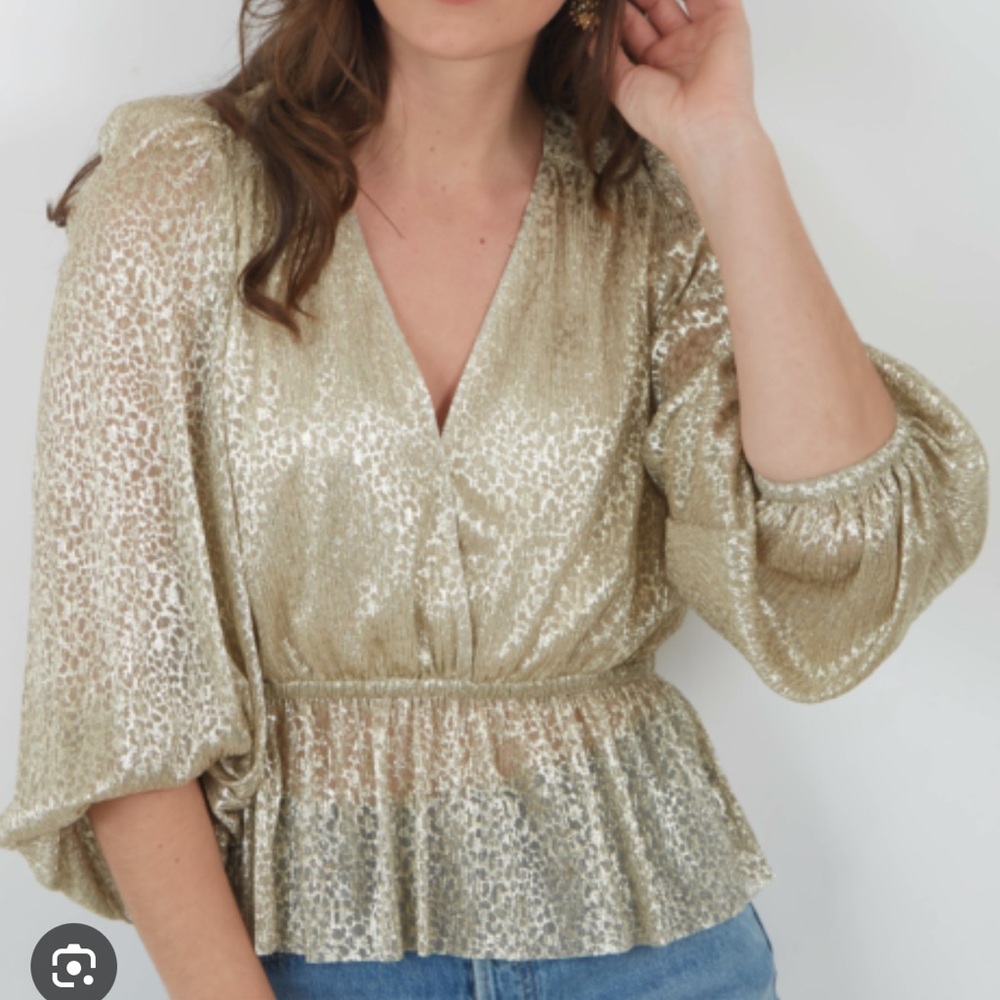 Ba&sh Caitlin gold metallic vneck peplum elastic cuff & waist 2 shirt/blouse